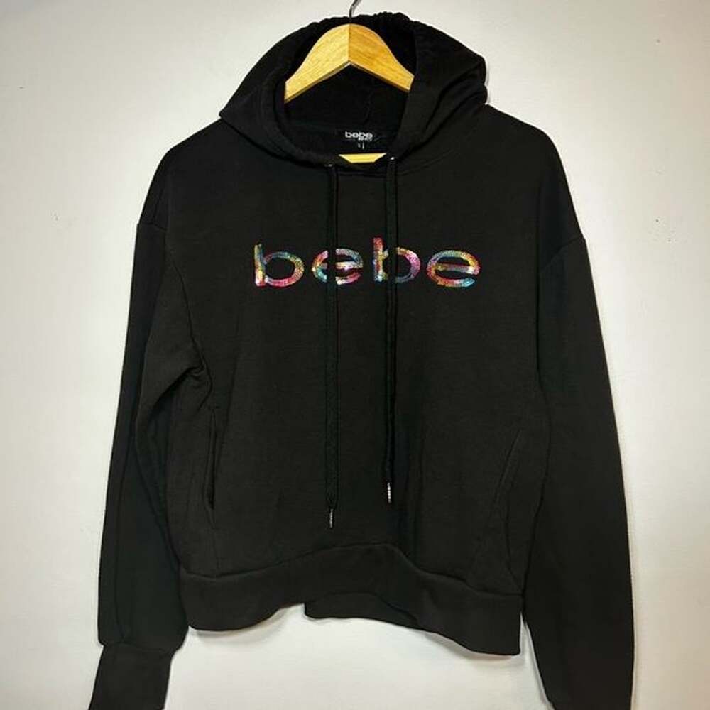 Bebe Hoodie Crop Top with Iridescent Letters with Thumb Holes